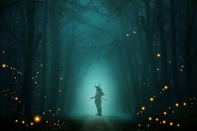 Japan ghosts hitodama | Japan City Tour | Travel agency in Tokyo Samurai standing in a haunted dark forest with hitodama, one example of ghost stories from Japan